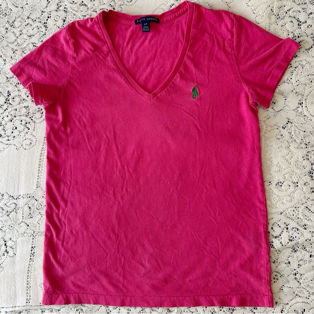 Vintage Ralph Lauren Tee Small Y2K Single Stitch Pink V-neck T-shirt Blue Label